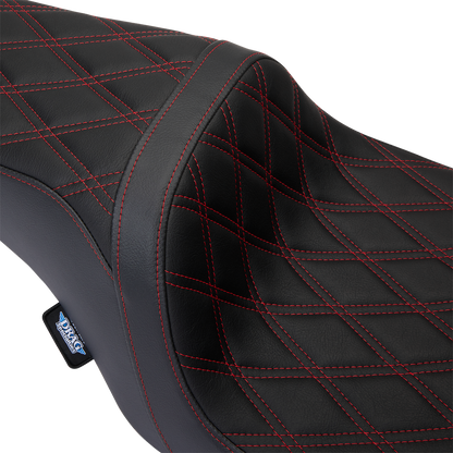 Drag Specialties Predator 1Up seat with red diamond stitch vinyl cover on Harley FLH motorcycle, 2008-2023.