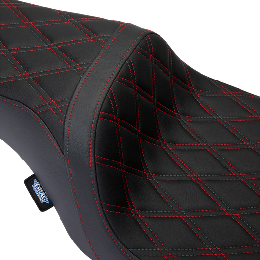 Drag Specialties Predator 1Up seat with red diamond stitch vinyl cover on Harley FLH motorcycle, 2008-2023.