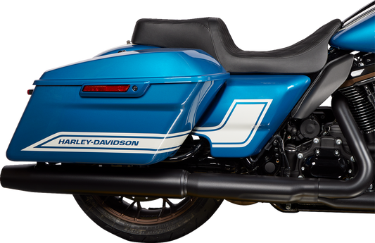 Black vinyl Predator 1Up seat with double diamond stitching for Harley FLH, by Drag Specialties Seats, model 0801-1483.