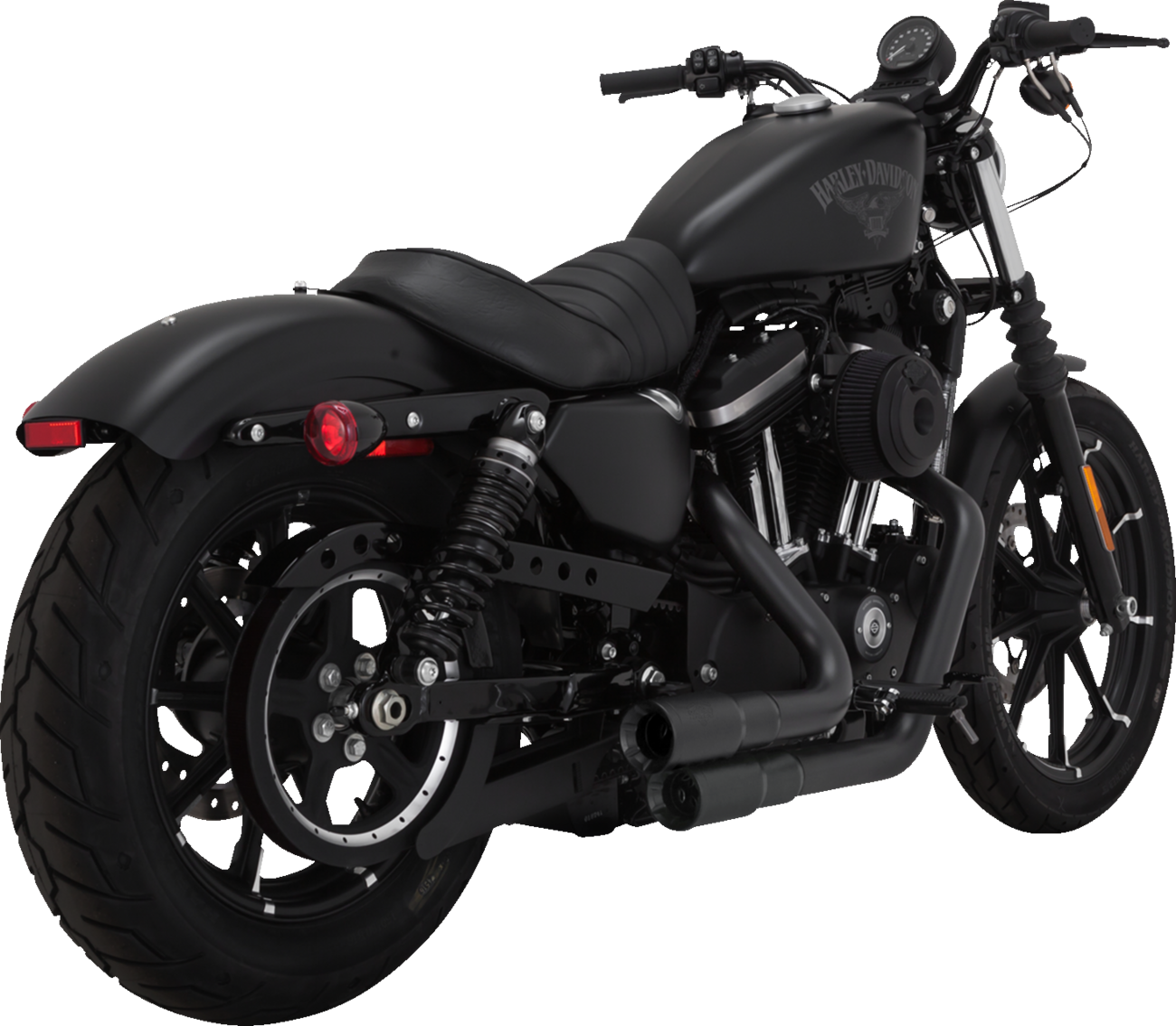 VANCE & HINES Mini Grenades exhaust system in matte black for motorcycles, featuring sleek, compact design and chrome tips.