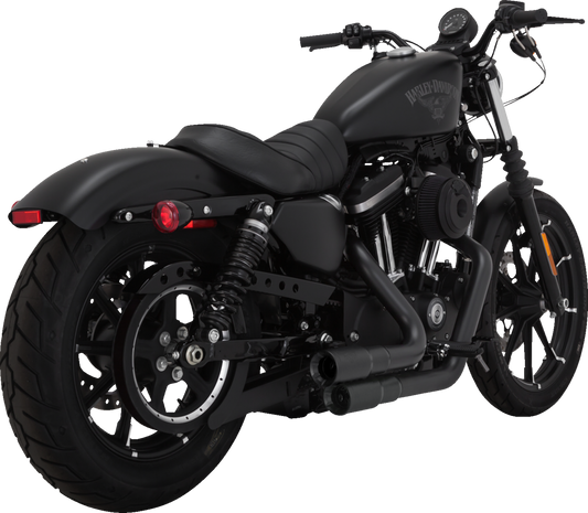 VANCE & HINES Mini Grenades exhaust system in matte black for motorcycles, featuring sleek, compact design and chrome tips.