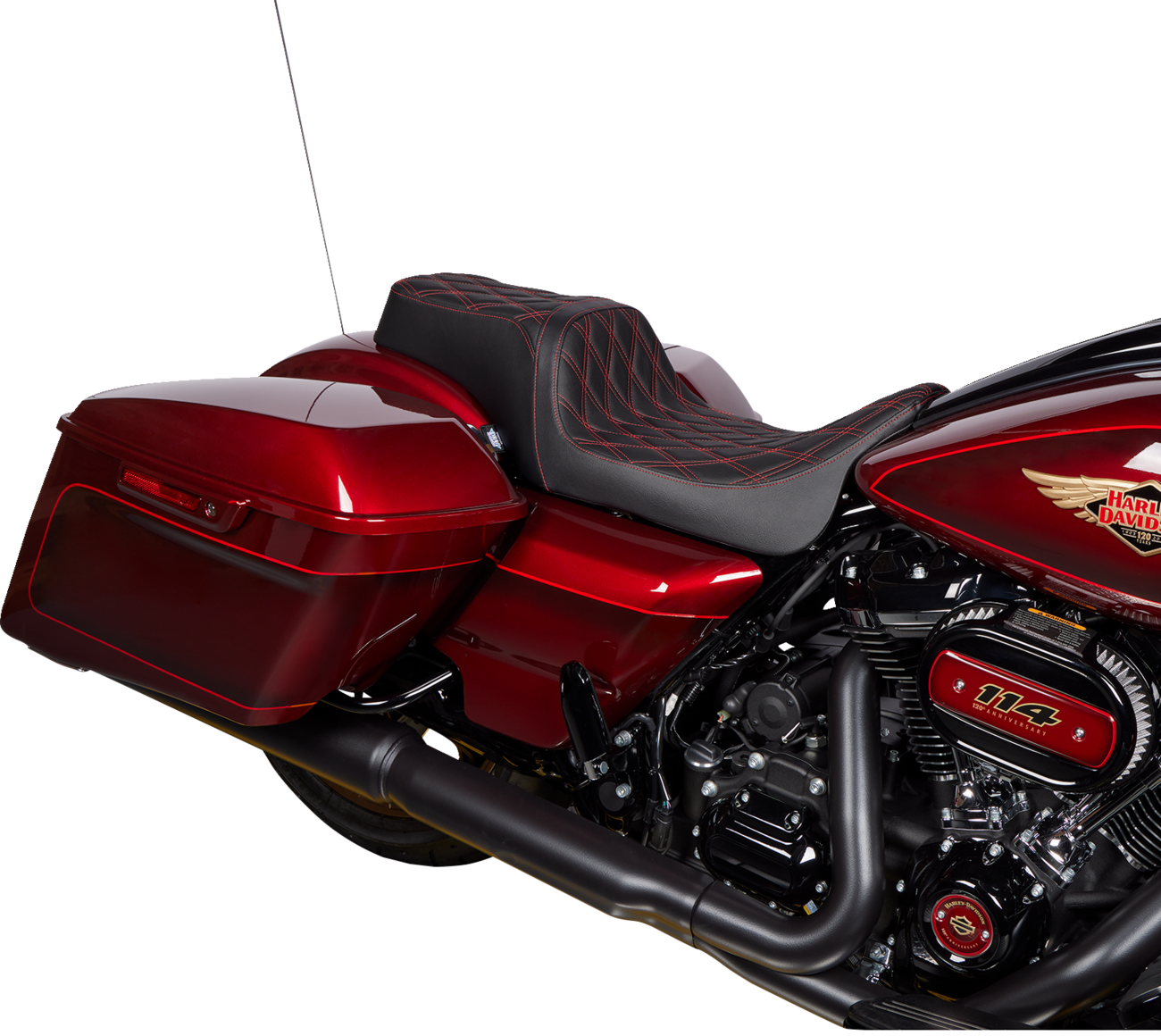 Drag Specialties Predator 1Up seat with red diamond-stitched vinyl cover for Harley FLH 2008-2023 motorcycle