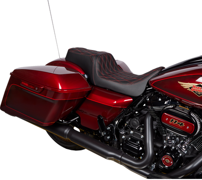 Drag Specialties Predator 1Up seat with red diamond-stitched vinyl cover for Harley FLH 2008-2023 motorcycle