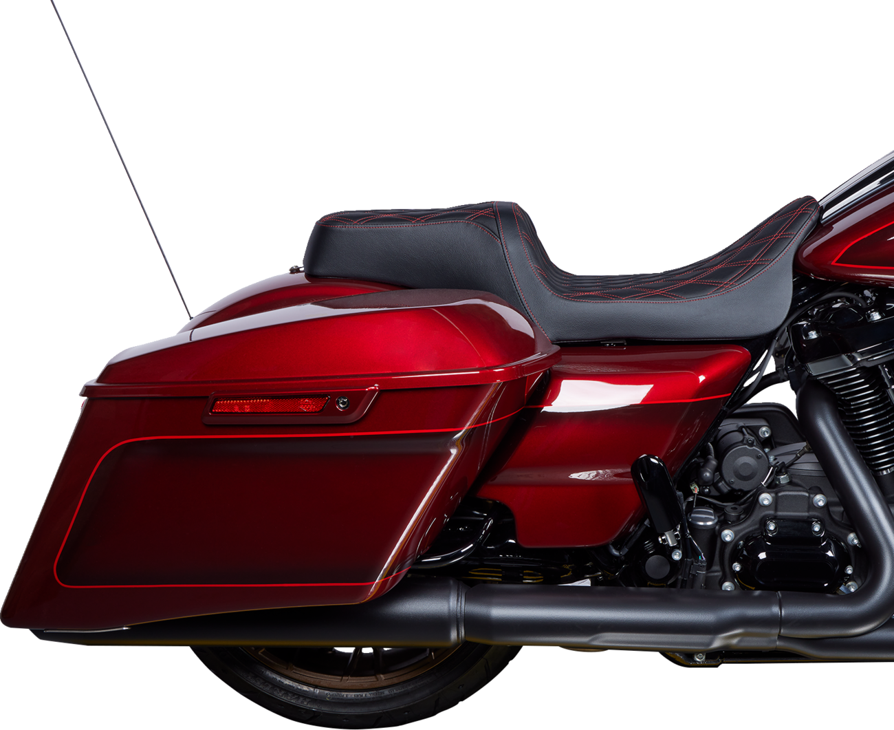 DRAG SPECIALTIES SEATS Predator 1Up seat with red diamond stitching and vinyl cover on Harley FLH motorcycle, 2008-2023.