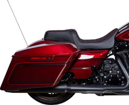 DRAG SPECIALTIES SEATS Predator 1Up seat with red diamond stitching and vinyl cover on Harley FLH motorcycle, 2008-2023.