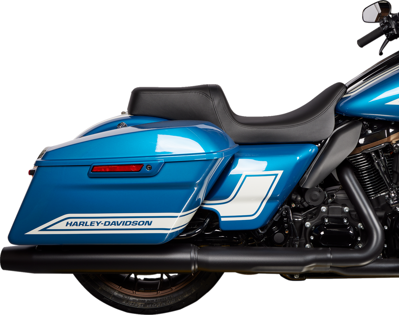 Black Predator 1Up Seat by Drag Specialties in Solar Leather on FLH motorcycle, smooth design, fits 2008-2023 models.