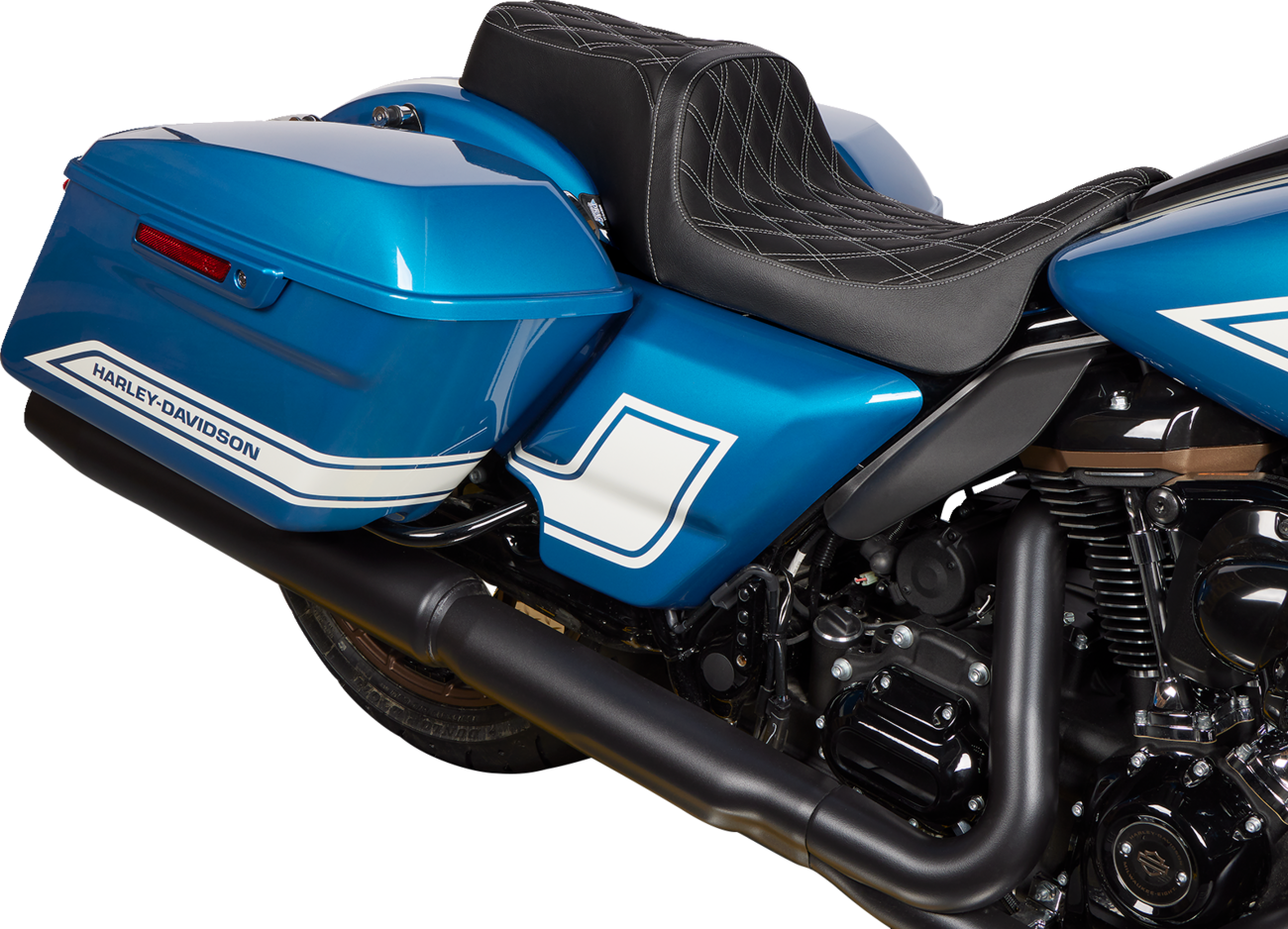 Harley FLH Drag Specialties Predator 1Up Seat with vinyl cover and double diamond silver stitching for model years 2008-2023.