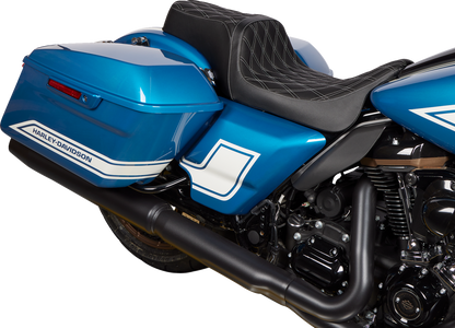 Harley FLH Drag Specialties Predator 1Up Seat with vinyl cover and double diamond silver stitching for model years 2008-2023.