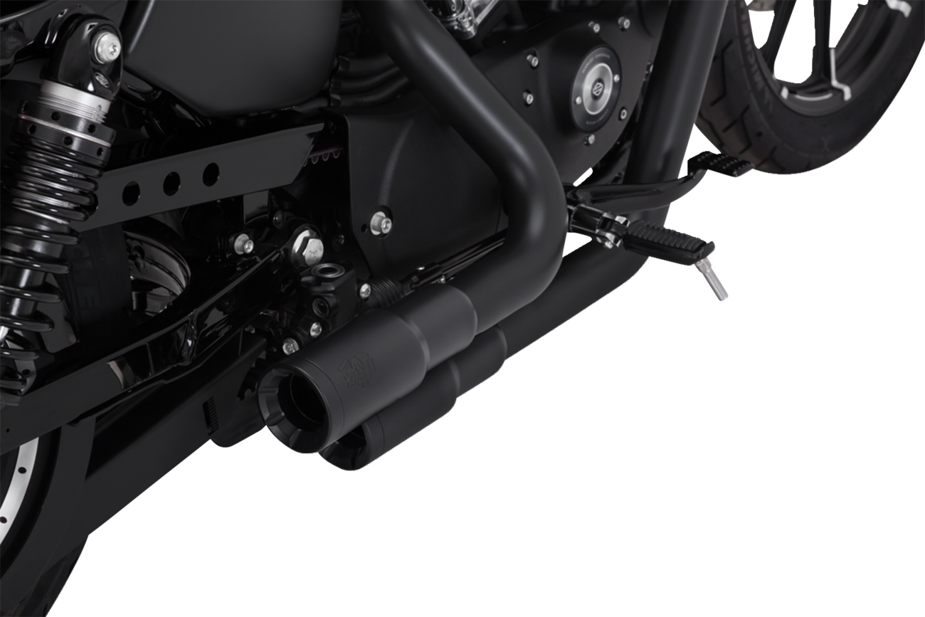 VANCE & HINES Mini Grenades exhaust system in matte black with chrome accents for motorcycle, shown on a bike.