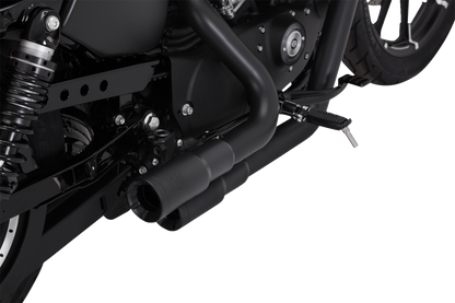 VANCE & HINES Mini Grenades exhaust system in matte black with chrome accents for motorcycle, shown on a bike.