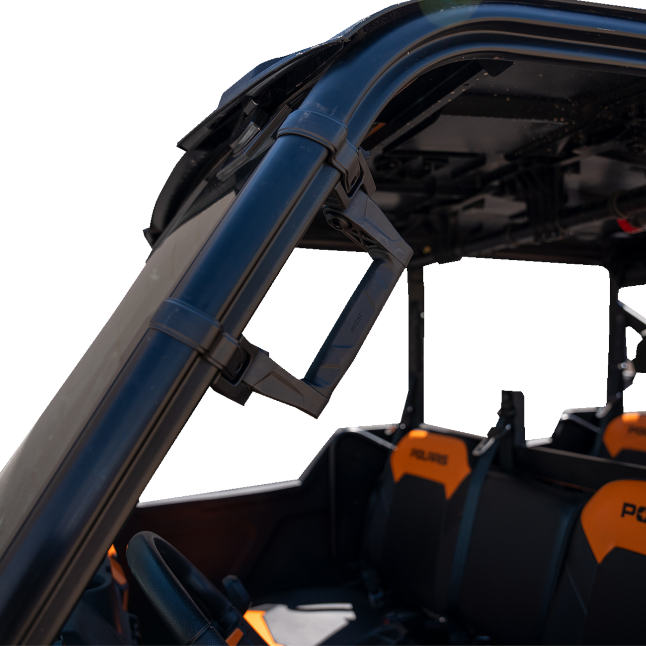 MOOSE OFFROAD EGRAB-1 custom clamp system grab handle with fold-away mounting, shown installed on off-road vehicle.