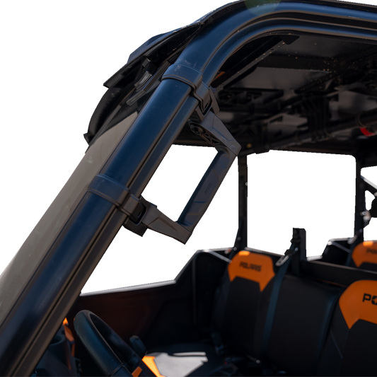 MOOSE OFFROAD EGRAB-1 custom clamp system grab handle with fold-away mounting, shown installed on off-road vehicle.