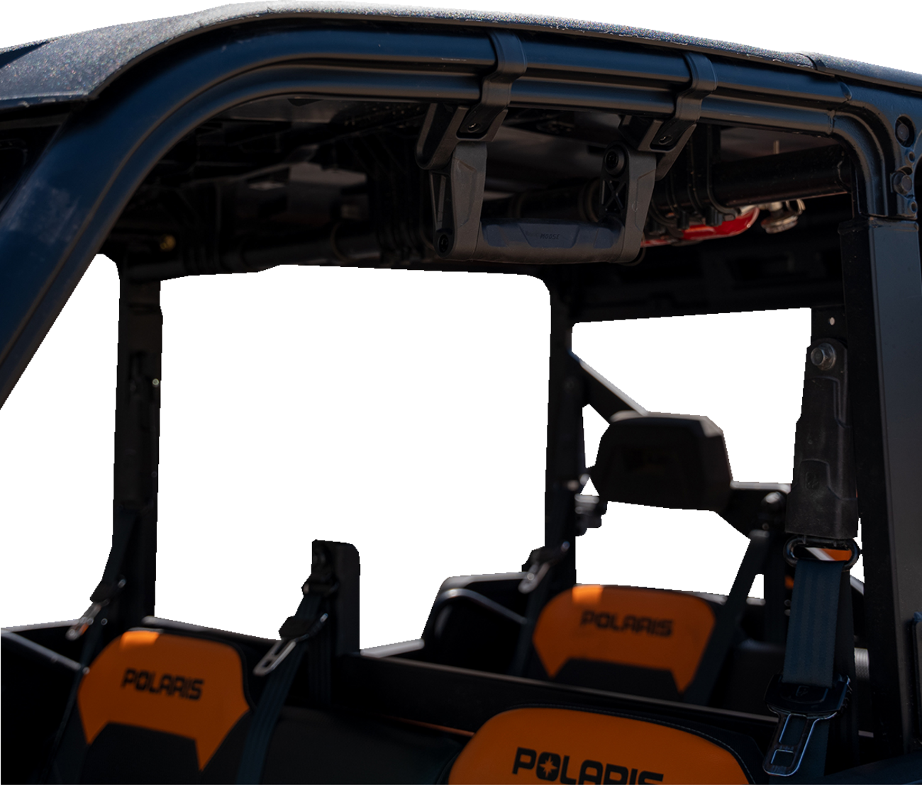 MOOSE Offroad EGRAB-1 custom clamp system grab handle with fold-away mounting on a vehicle for secure gripping.