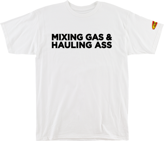 White FMF Gass T-Shirt in XL displayed flat, featuring the FMF logo and design on the front.