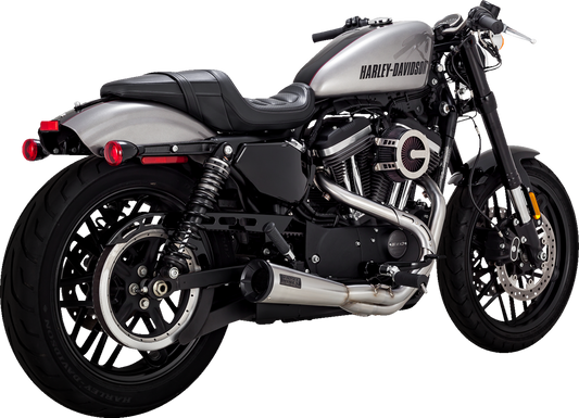 VANCE & HINES 2-Into-1 Upsweep stainless steel motorcycle exhaust system with polished finish and dual exhaust pipes.