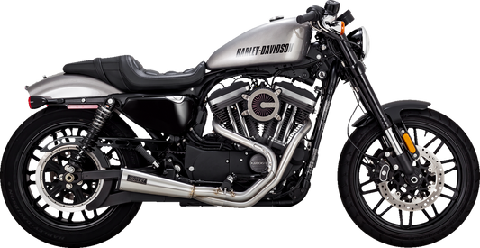 VANCE & HINES stainless steel 2-into-1 upsweep exhaust system for motorcycles, showing polished finish and dual exhaust pipes.