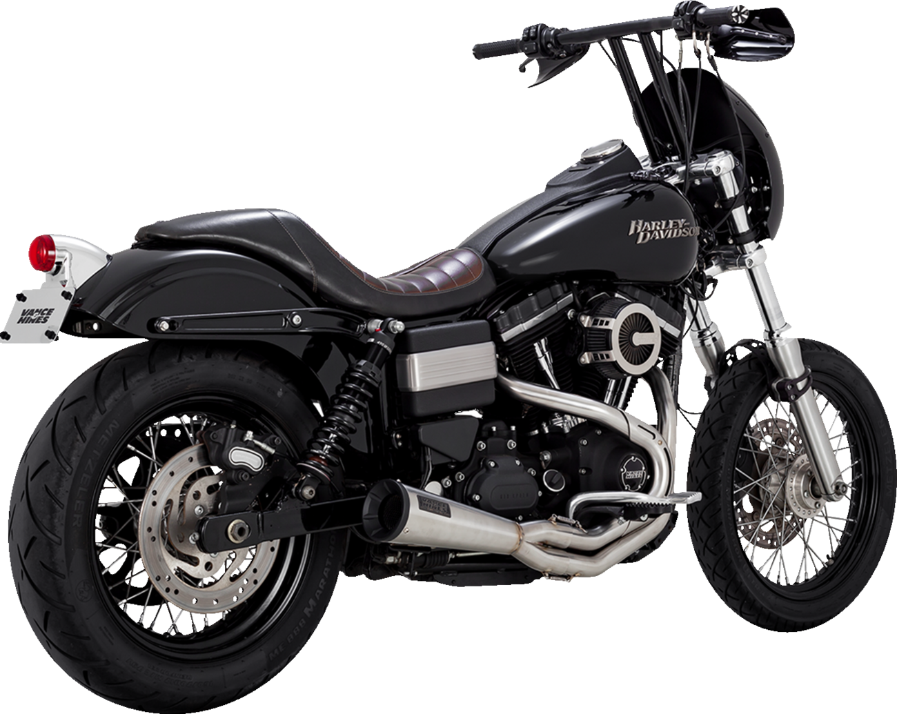 Vance & Hines 2-into-1 upsweep exhaust system with brushed finish for motorcycles, part 27635, shown on a bike.