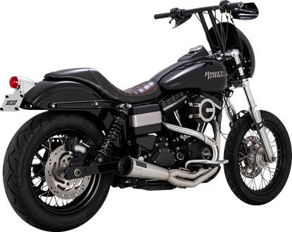 Vance & Hines 2-into-1 upsweep exhaust system with brushed finish for motorcycles, part 27635, shown on a bike.