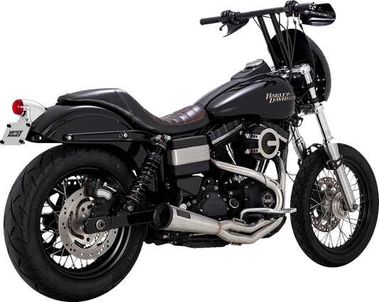 Vance & Hines 2-into-1 upsweep exhaust system with brushed finish for motorcycles, part 27635, shown on a bike.