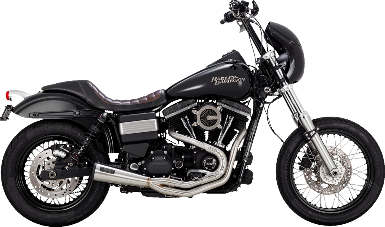 Vance & Hines 2-into-1 Upsweep exhaust system in brushed finish, showcasing sleek motorcycle exhaust pipes.