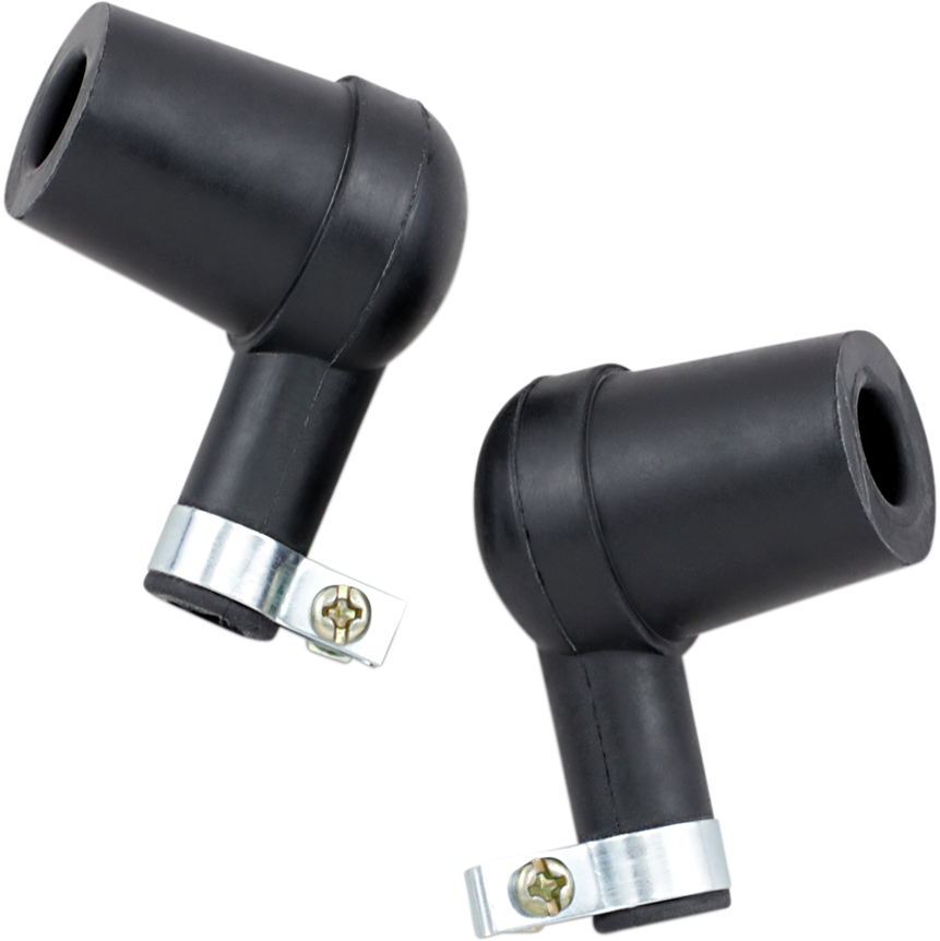 Pair of PARTS UNLIMITED Plug Caps with built-in screw fasteners and clamps, designed for secure electrical connections.