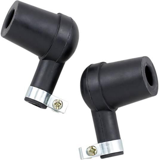 Pair of PARTS UNLIMITED Plug Caps with built-in screw fasteners and clamps, designed for secure electrical connections.