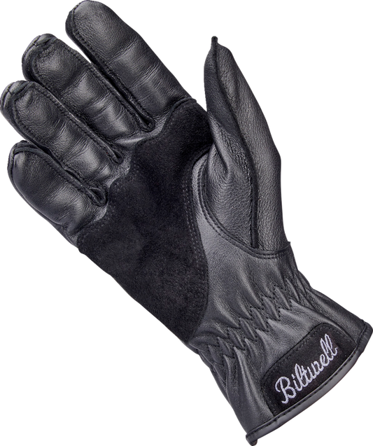 Black BILTWELL Work 2.0 gloves in XS size, showing durable leather and reinforced fingertips for motorcycle riding.