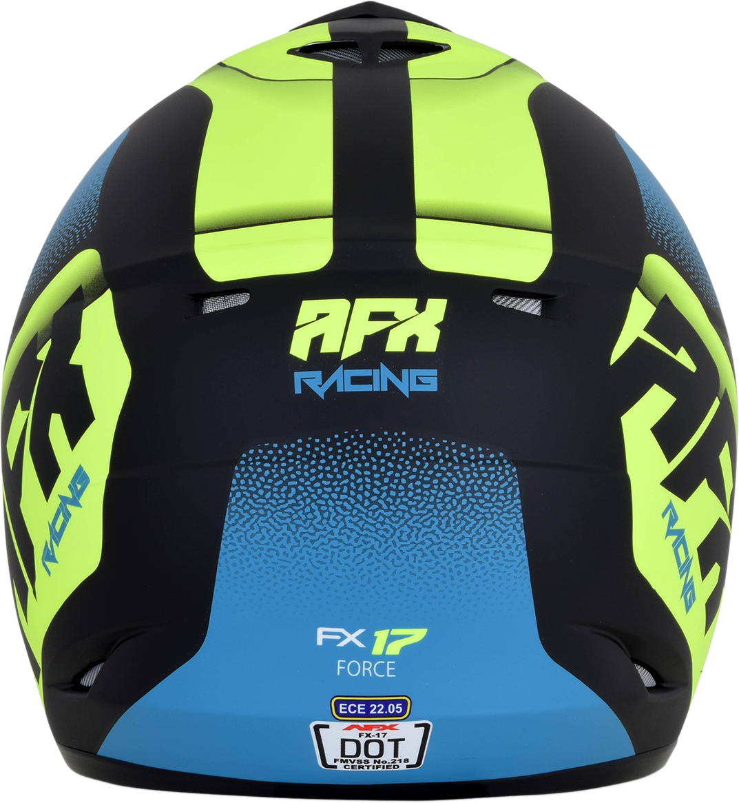 AFX FX-17 Helmet by Bill's Exhausts in matte black, green, and blue with 2XL size, featuring a sleek, aerodynamic design.