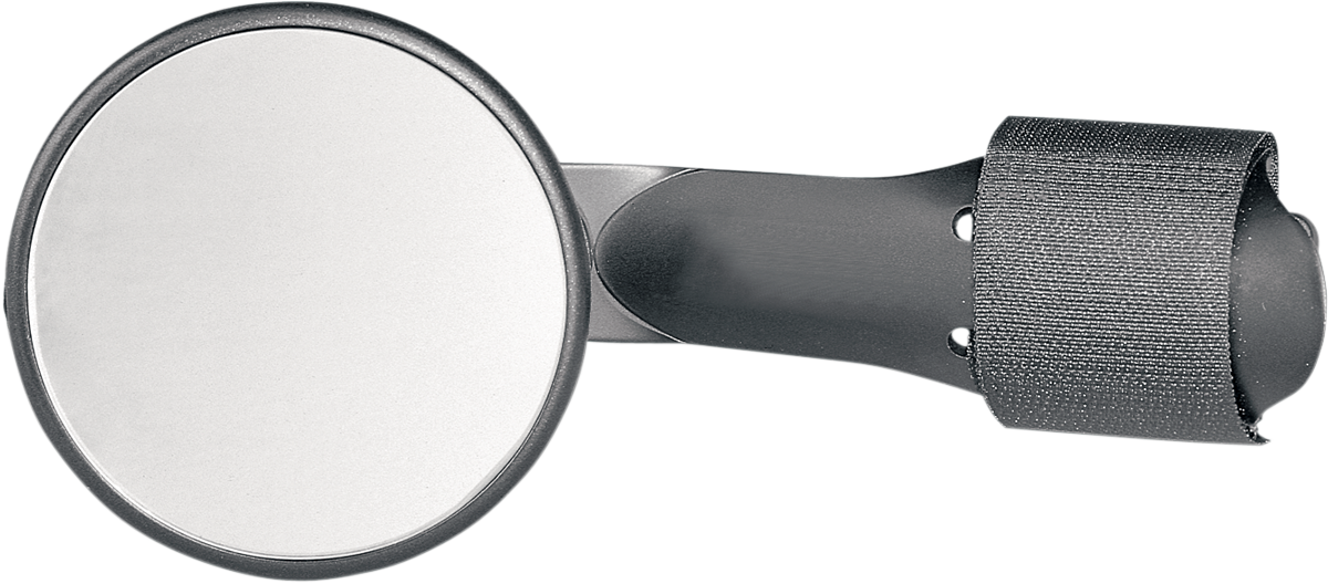 Round black side view mirror from PARTS UNLIMITED, with mounting arm and reflective glass, part number AM1001.