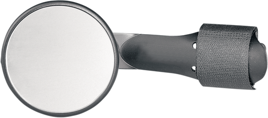Round black side view mirror from PARTS UNLIMITED, with mounting arm and reflective glass, part number AM1001.