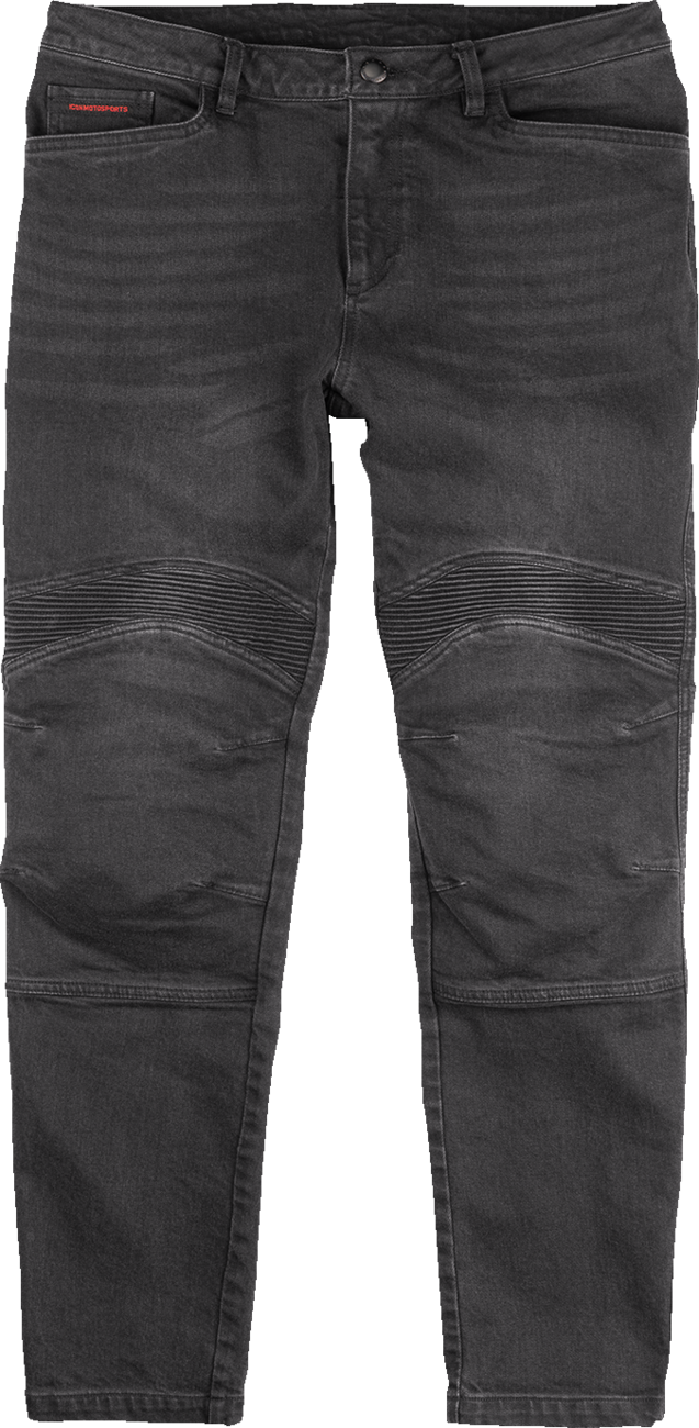 Black ICON Slabtown™ jeans with D3O Ghost impact protectors, US 44 size, shown with visible denim and protective armor features.