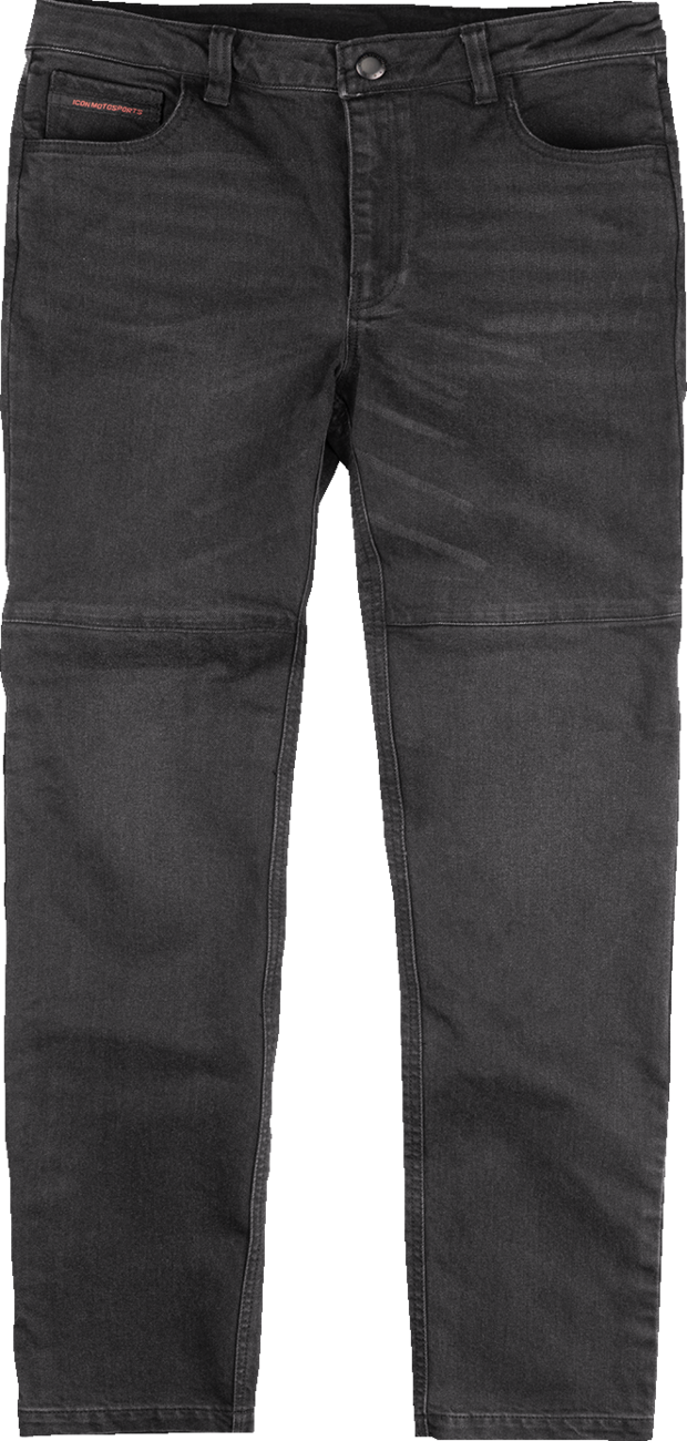 Black ICON Uparmor Covec jeans with D30 Ghost knee protectors, US size 36, featuring reinforced motorcycle riding design.