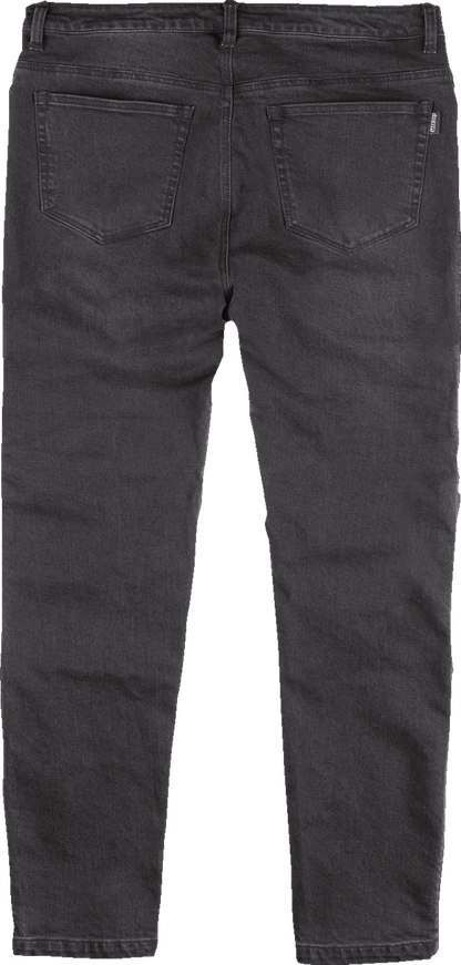 ICON Uparmor Covec jeans in black with D30 Ghost knee protectors, US size 36, shown on a person.