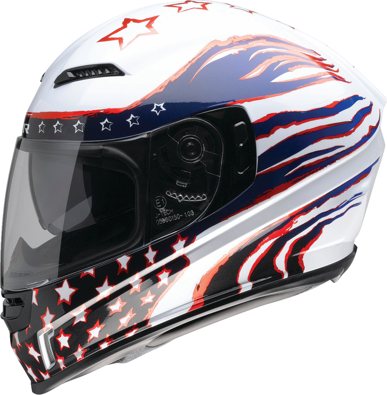 Z1R Jackal Patriot Red, White, Blue motorcycle helmet with sun visor, aerodynamic polycarbonate shell, 3XL size.