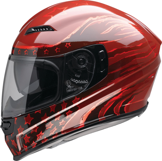 Red Z1R Jackal Patriot helmet in XL size with detailed graphics and sleek design, featuring the Z1R logo and safety features.