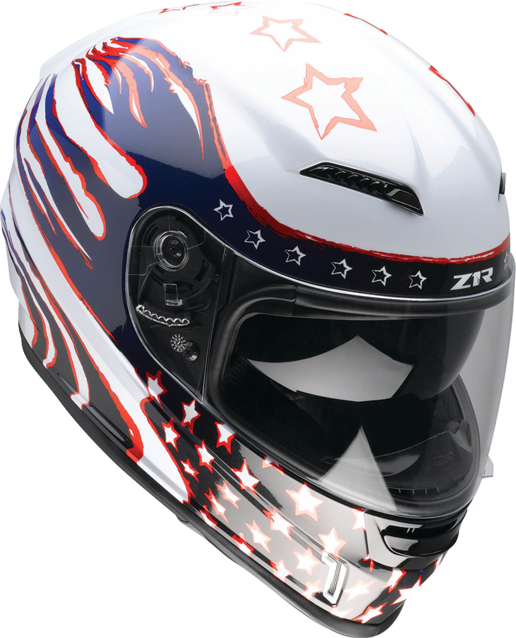 Z1R Jackal Patriot Red, White, and Blue motorcycle helmet with aerodynamic polycarbonate shell and sun visor, size 3XL.