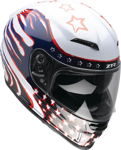 Z1R Jackal Patriot Red, White, and Blue motorcycle helmet with aerodynamic polycarbonate shell and sun visor, size 3XL.
