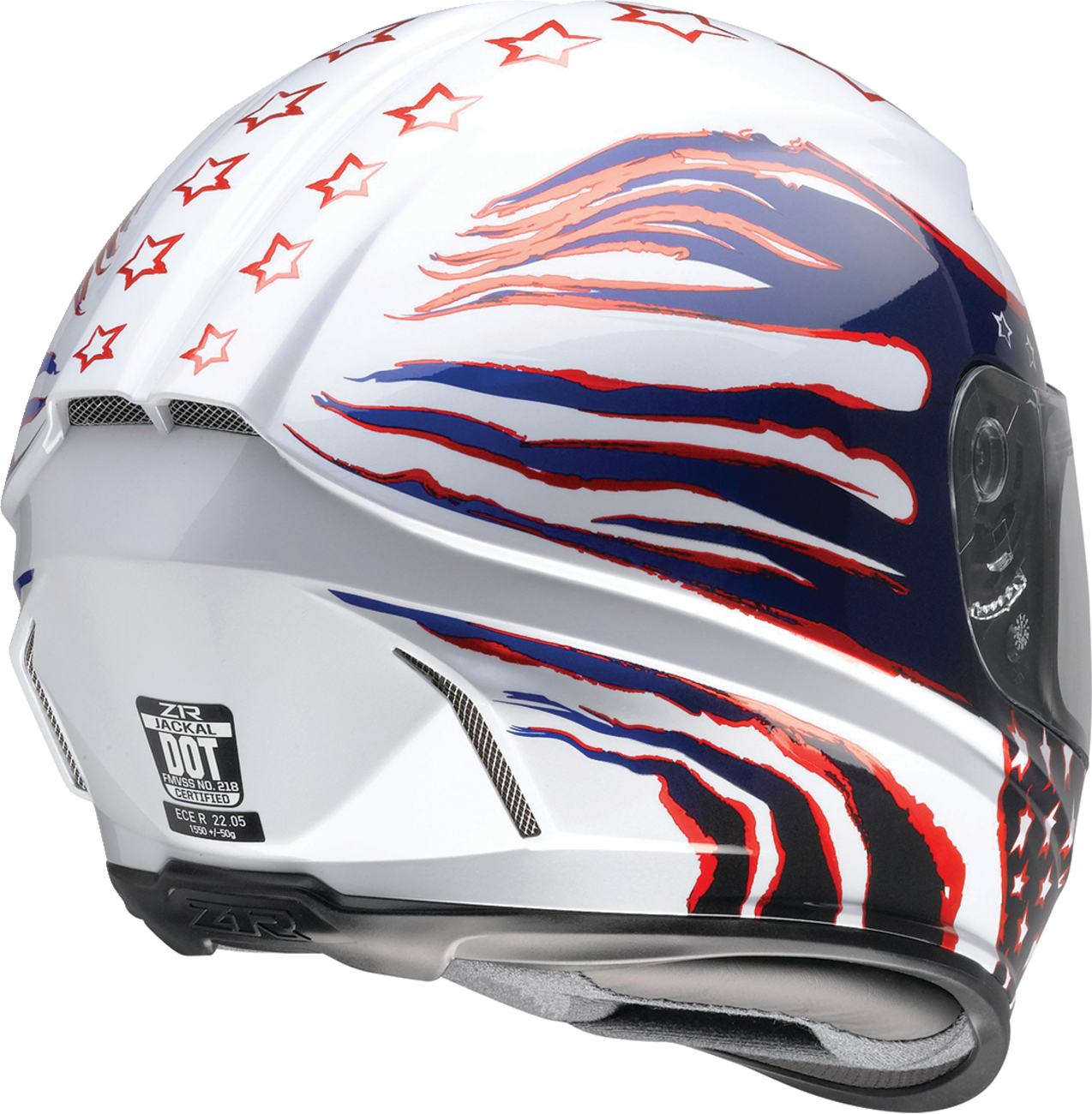 Z1R Jackal Patriot Red/White/Blue motorcycle helmet with sun visor, aerodynamic polycarbonate shell, 3XL size.