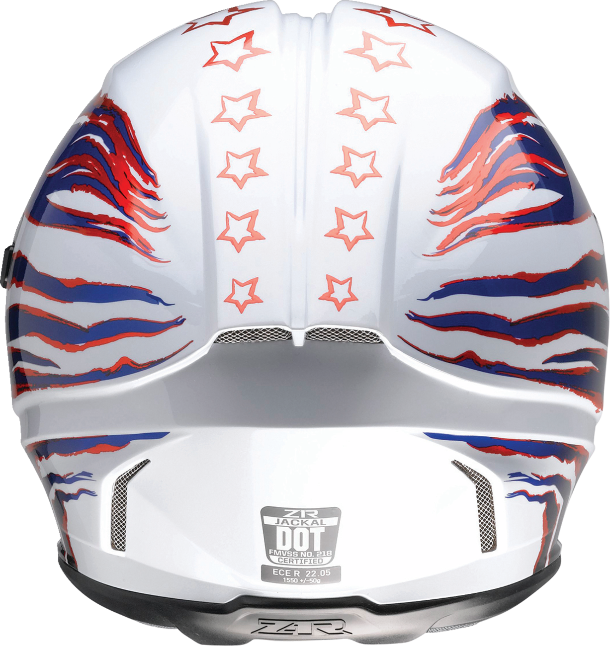Z1R Jackal helmet in Patriot Red, White, and Blue with aerodynamic polycarbonate shell and sun visor, size 3XL.