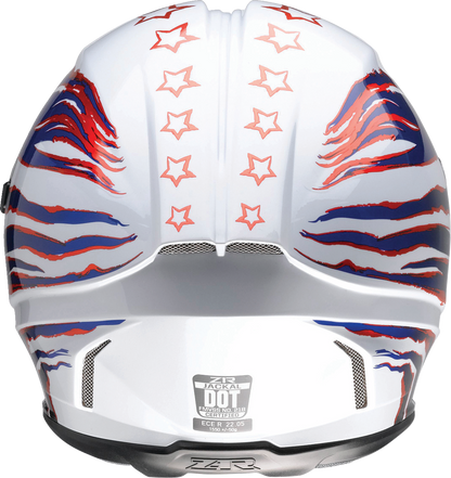 Z1R Jackal helmet in Patriot Red, White, and Blue with aerodynamic polycarbonate shell and sun visor, size 3XL.