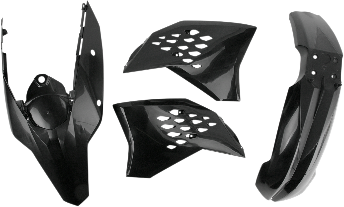 Black Acerbis standard replacement body kit for motorcycles, shown on a clean background with multiple body parts visible.