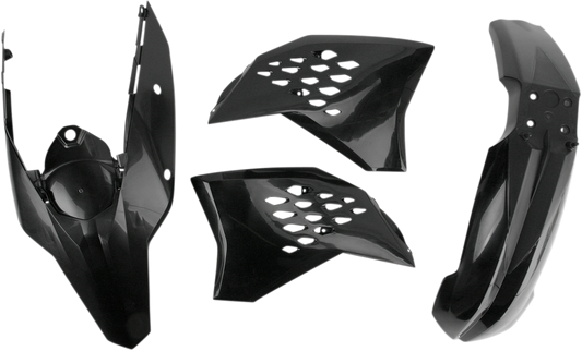 Black Acerbis standard replacement body kit for motorcycles, shown on a clean background with multiple body parts visible.
