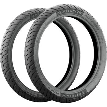 Michelin Pilot Street 2 front/rear motorcycle tire 90/90-10 with 50P load rating, displayed on a clean tire rack.