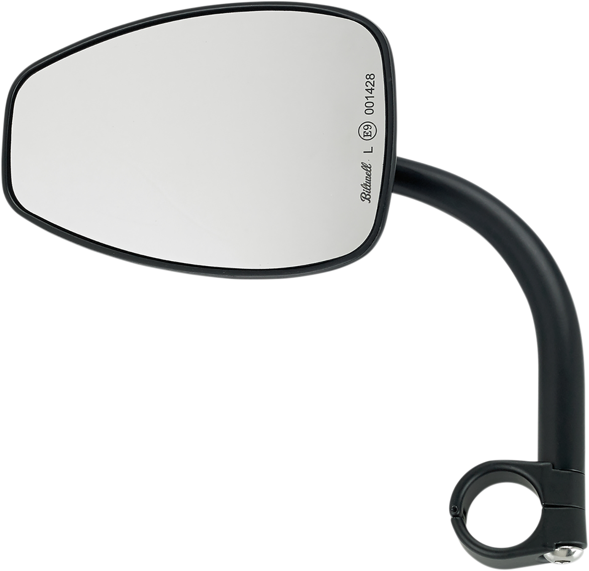 Black Tear Drop motorcycle mirror with mount from BILT WELL, featuring a sleek, reflective surface and sturdy mounting hardware.