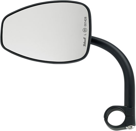 Black Tear Drop motorcycle mirror with mount from BILT WELL, featuring a sleek, reflective surface and sturdy mounting hardware.