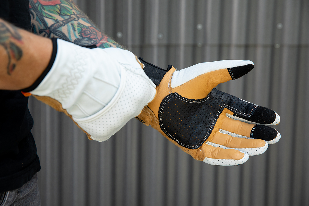 BILTWELL Borrego Gloves in Cement color, XL size, showing durable leather construction and reinforced knuckles for motorcycle riding.