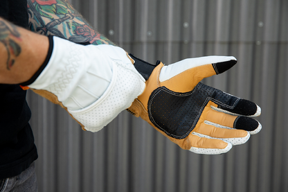 BILTWELL Borrego Gloves in Cement color, XL size, showing durable leather construction and reinforced knuckles for motorcycle riding.