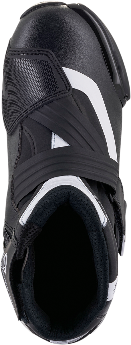 Black and white Alpinestars SMX-1 R v2 motorcycle boots with ankle support and textured soles, US size 8 / EU size 42.