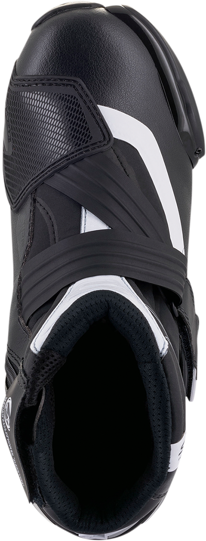 Black and white Alpinestars SMX-1 R v2 motorcycle boots with ankle support and textured soles, US size 8 / EU size 42.