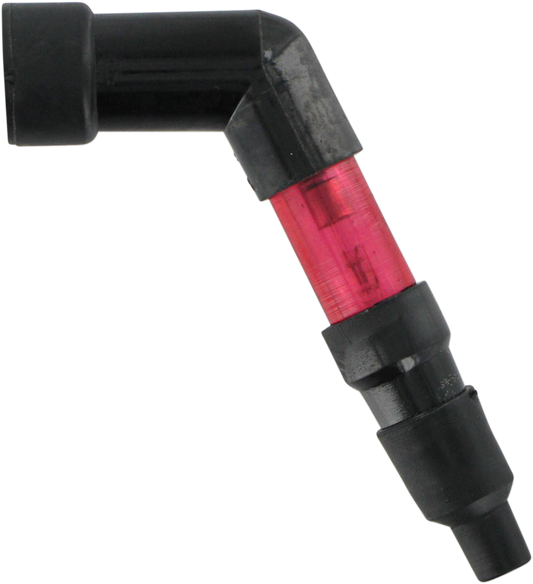 Red spark plug cap by Parts Unlimited for 10mm, 12mm, and 14mm plugs, featuring a 120-degree design for motorcycle ignition systems.